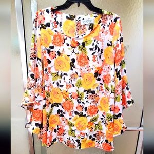 NWT MULTICOLORED Floral  Blouse by Kasper. Sz 1X, Bell shaped Sleeves; $60.